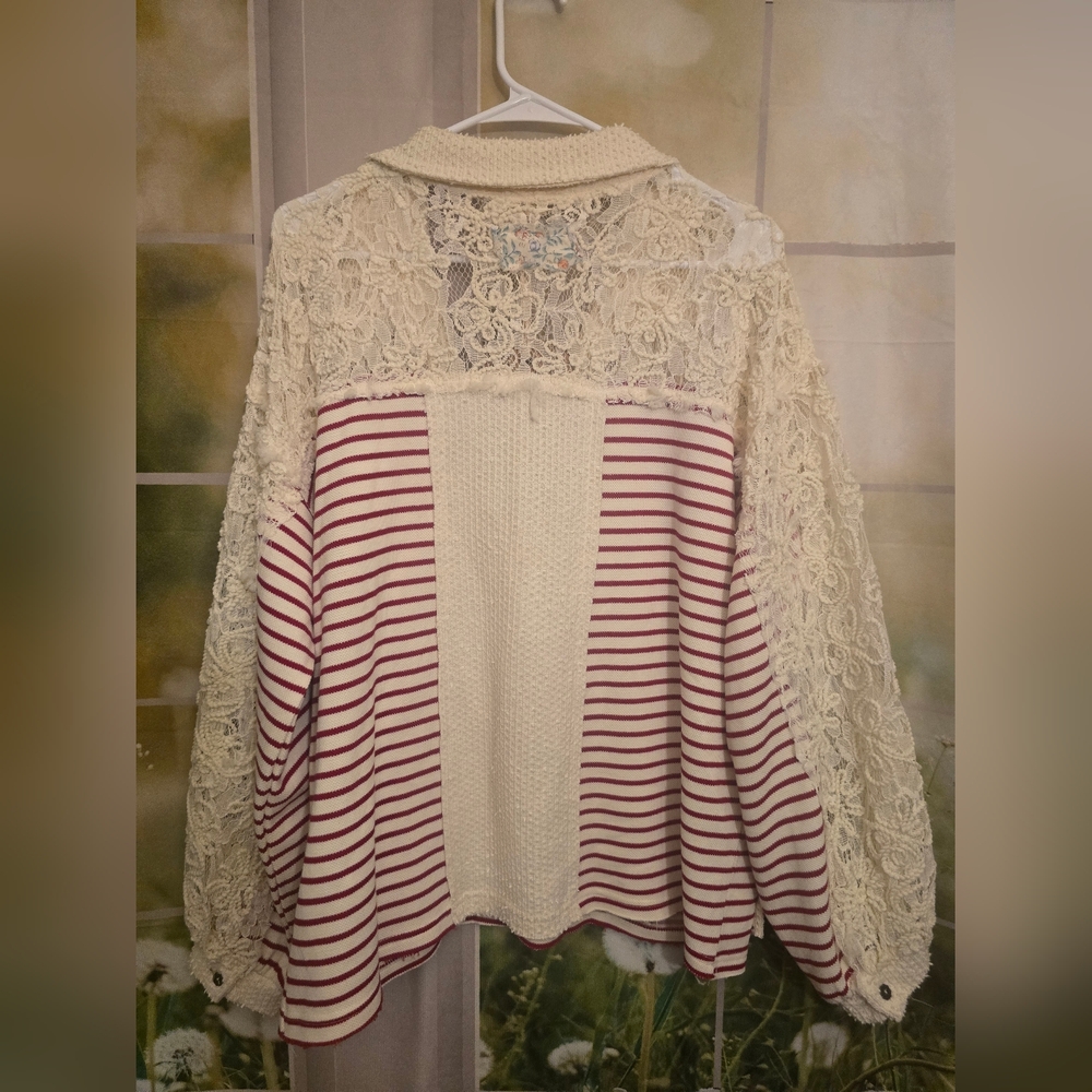 POL Lace Patchwork Stripe Pullover – Small (Overs… - image 5